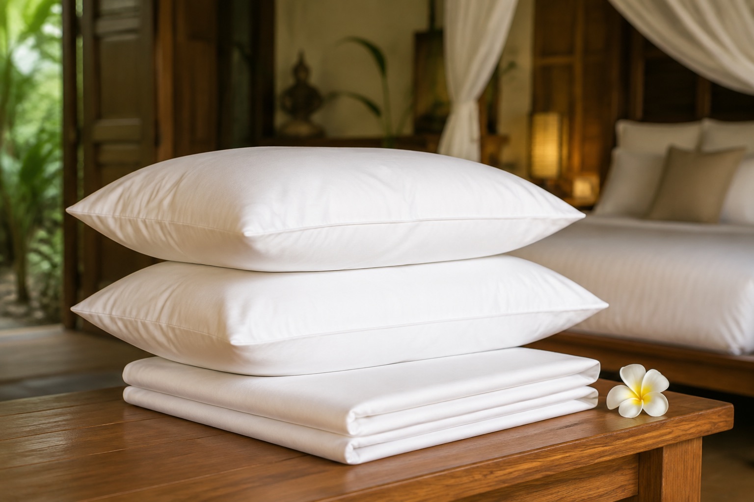 Illustration of white pillows and folded sheets