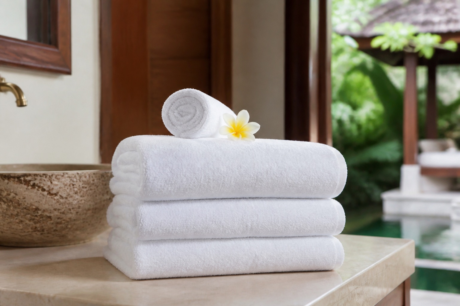 Illustration of white towels arranged in a villa bathroom